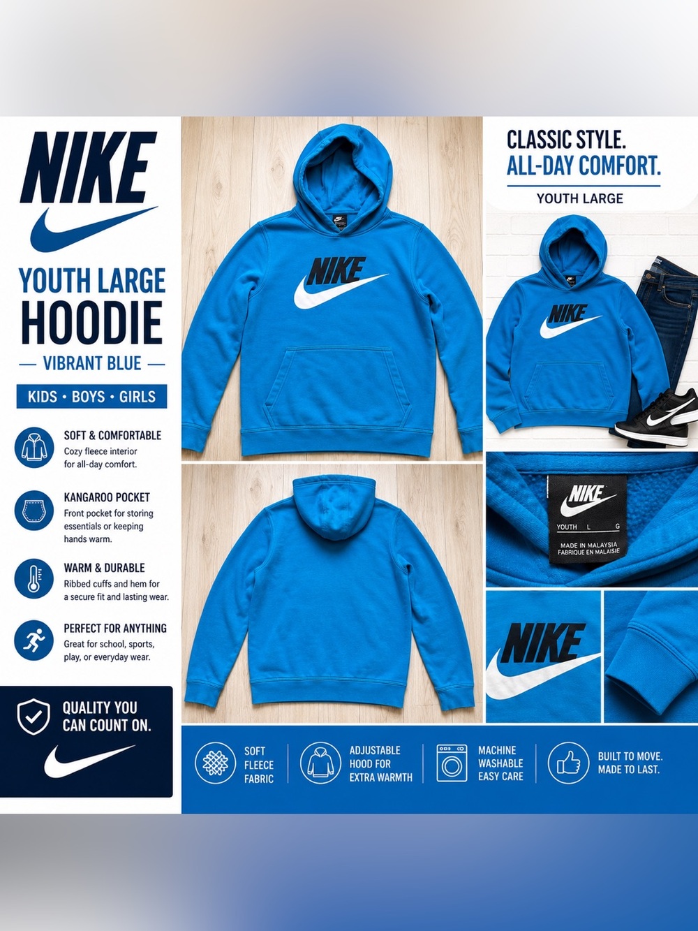 Nike Youth Large Pullover Hoodie Blue Fleece Sweatshirt Kids Boys Girls Graphic